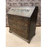 18TH CENTURY OAK BUREAU with later carved decoration, fitted interior,