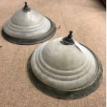 PAIR OF CIRCULAR CEILING LIGHTS OF ART DECO DESIGN with ribbed, frosted glass shades,