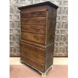 MAHOGANY CHEST ON CHEST OF GEORGE III DESIGN with moulded dentil cornice, canted corners,