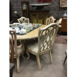 LARGE CIRCULAR LIMED OAK DINING TABLE WITH STONE PEDESTAL BASE together with seven beech dining