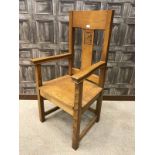 SCOTTISH OAK ECCLESIASTICAL HIGH BACK OPEN ELBOW CHAIR the central splat carved with a thistle