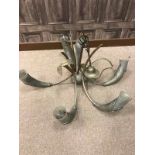 SILVERISED STEEL CHANDELIER OF ART DECO DESIGN with five scrolling branches issuing from the