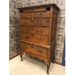 EARLY 18TH CENTURY OAK TALLBOY CHEST the moulded cornice with adapted top drawer,