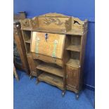 ARTS & CRAFTS OAK ESCRITOIRE BOOKCASE OF LIBERTY DESIGN the raised back carved with three flying
