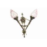 SILVERISED WALL SCONCE OF 18TH CENTURY DESIGN the two outset crossed torches with pink glass