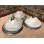 THREE CIRCULAR CEILING LIGHTS OF ART DECO DESIGN with ribbed, frosted glass shades,