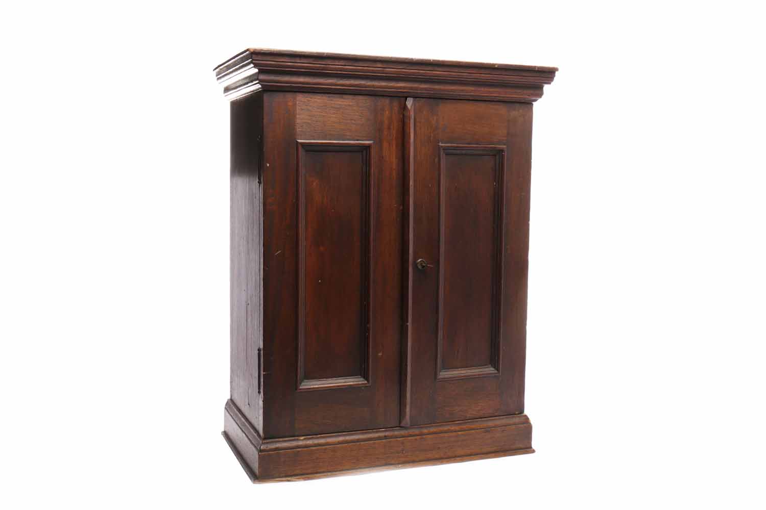 19TH CENTURY MAHOGANY SMALL CABINET with stepped pediment above two fielded doors enclosing a
