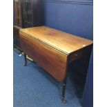 REGENCY MAHOGANY PEMBROKE TEA TABLE with single frieze drawer on turned tapering ringed legs,