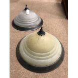 PAIR OF CIRCULAR CEILING LIGHTS OF ART DECO DESIGN with ribbed, frosted glass shades,