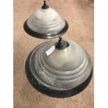 PAIR OF CIRCULAR CEILING LIGHTS OF ART DECO DESIGN with ribbed, frosted glass shades,