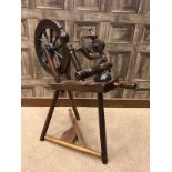 19TH CENTURY AND LATER OAK AND MAHOGANY SPINNING WHEEL with replaced parts, fly wheel has 2mm split,