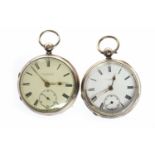 TWO VICTORIAN SILVER OPEN FACE KEY WIND POCKET WATCHES one with W. S.