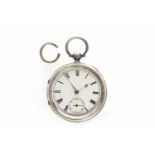 VICTORIAN SILVER OPEN FACE KEY WIND POCKET WATCH the round white dial with Roman numerals in black,