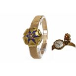 LADY'S UNIVERSAL GENEVE EIGHTEEN CARAT GOLD GEM SET COCKTAIL WATCH the round white dial with