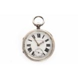 VICTORIAN SILVER OPEN FACE KEY WIND POCKET WATCH the white dial with broad Roman numerals in black,