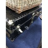 EARLY 20TH CENTURY TRAVEL TRUNK together with two vintage suitcases and a large wicker trunk with