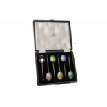 SET OF SIX SILVER AND GUILLOCHE ENAMEL COFFEE SPOONS with bean terminals,