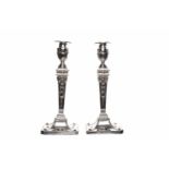 PAIR OF VICTORIAN SILVER PLATED ADAM REVIVAL CANDLESTICKS maker Hawksworth, Eyre & Co, Sheffield,