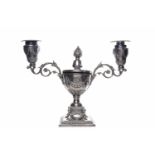 VICTORIAN SILVER PLATED CANDELABRUM with two scroll branches with lidded urn centre with flame