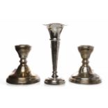 PAIR OF SILVER DWARF CANDLESTICKS maker Adie Brothers, Birmingham 1956, bases filled,