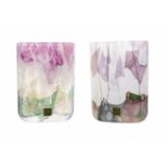 TWO ISLE OF WIGHT IRIDESCENT GLASS VASES each of elliptical form, bearing paper labels, each 12.