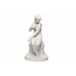 VICTORIAN PARIANWARE FIGURE modelled as a seated Neoclassical maiden with bird resting on her