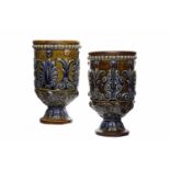 TWO CYLINDRICAL VASES possibly Doulton Lambeth, of cylindrical form,