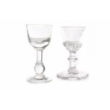 18TH CENTURY LIQUEUR GLASS the bowl of bell shaped waisted form with teared dumb bell knop,