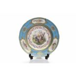 TWO LATE 19TH CENTURY SEVRES CABINET PLATES each cartouche depicting a hunting scene and maiden and