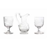 LOT OF 19TH CENTURY GLASSWARE to include two wine glasses with ovoid bowls etched with ferns,