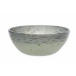 VASART GLASS FRUIT BOWL in mottled steel blue and mint green with gold aventurine flecks,