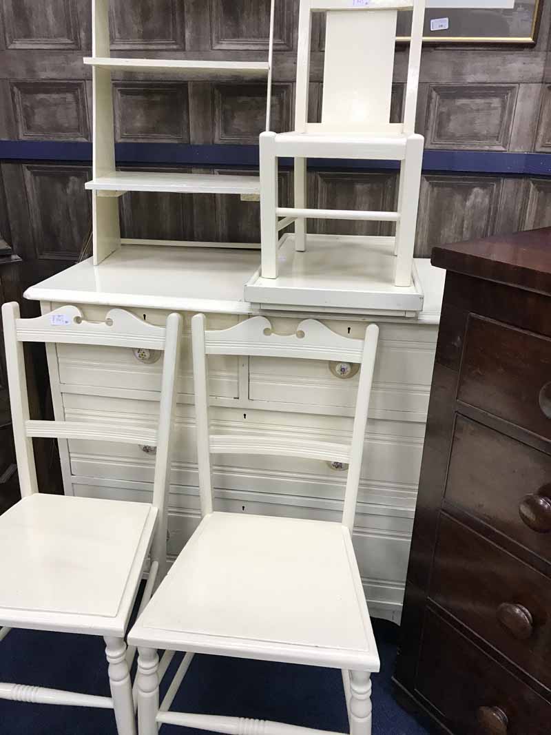 WHITE PAINTED CHEST OF DRAWERS, TWO BEDROOM CHAIRS,