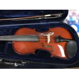 STRINGERS OF EDINBURGH VIOLIN complete with bow with mother of pearl frog and fitted case