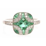 EIGHTEEN CARAT WHITE GOLD EMERALD AND DIAMOND ART DECO STYLE DRESS RING the rectangular plaque