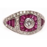 ART DECO STYLE RUBY AND DIAMOND DRESS RING the tapered plaque bezel with a central collet set round