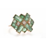 ART DECO STYLE EMERALD AND DIAMOND RING the geometric bezel set with three central round diamonds