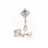 PAIR OF EIGHTEEN CARAT WHITE GOLD DIAMOND AND PEARL DROP EARRINGS each formed by a square openwork