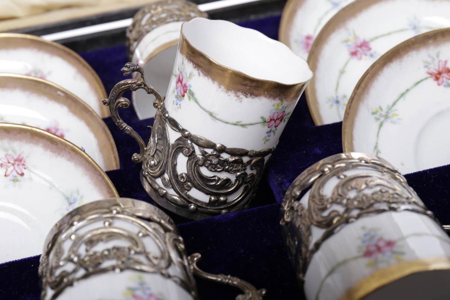 HAND-PAINTED SIX PIECE TEA SERVICE WITH SILVER MOUNTS the silver cup holders maker William Comyns & - Image 2 of 2