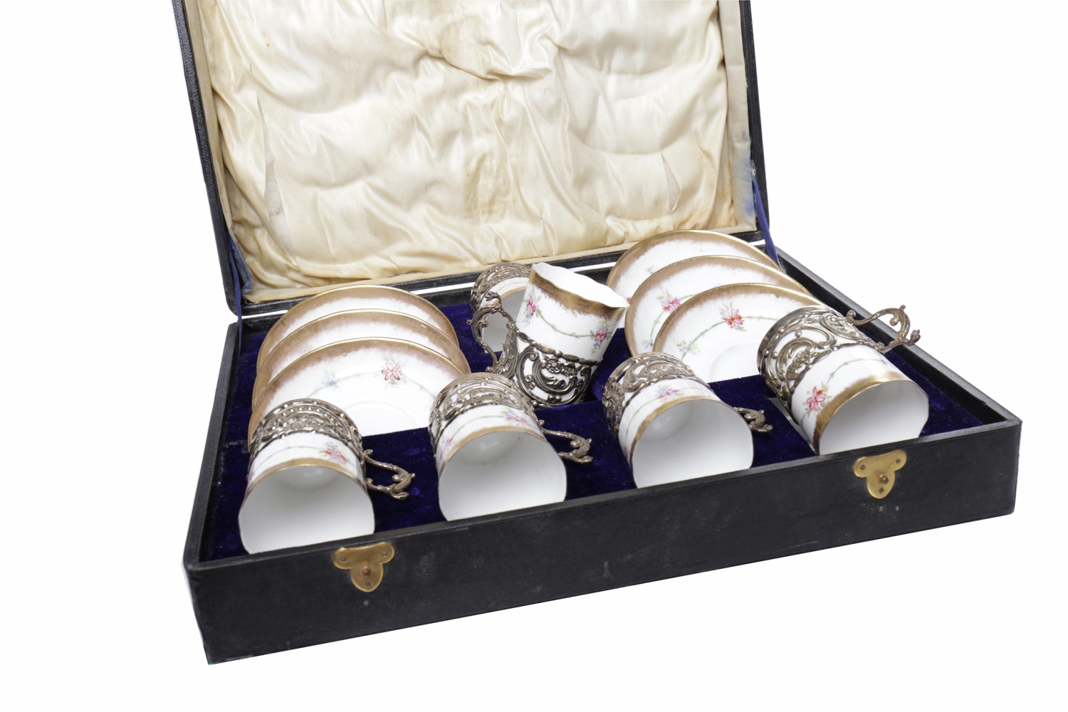 HAND-PAINTED SIX PIECE TEA SERVICE WITH SILVER MOUNTS the silver cup holders maker William Comyns &