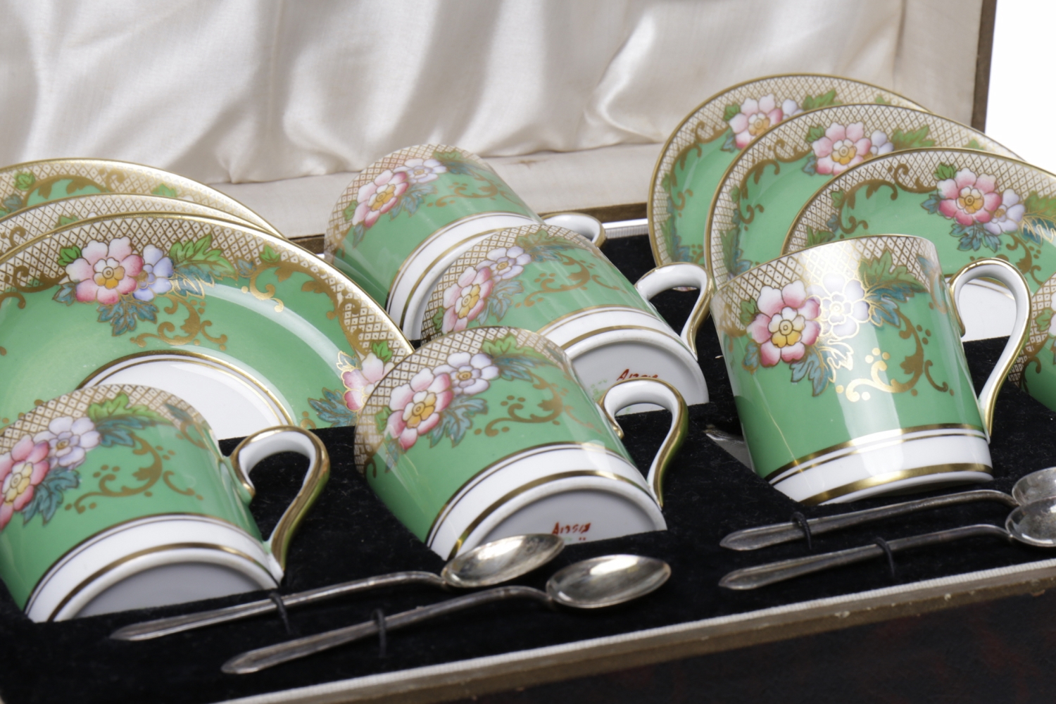 CROWN STAFFORDSHIRE COFFEE SERVICE comprising six cups and six saucers, each decorated with trellis, - Image 2 of 2