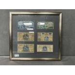 GROUP OF SIX BANK OF SCOTLAND AND OTHER BANKNOTES mounted and framed