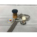 LOT OF WATCHES, COSTUME JEWELLERY, SMALL STAMP ALBUM, CIGARETTE CARDS,