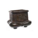 20TH CENTURY CHINESE BRONZE OPEN CENSER with dragon designs, with unusual lower section,