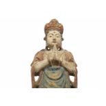 20TH CENTURY CHINESE PAINTED WOOD FIGURE OF BUDDHA modelled standing on a lotus,