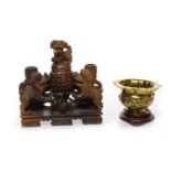 20TH CENTURY CHINESE BRONZE MINIATURE OPEN CENSER decorated with a band of figures in architectural