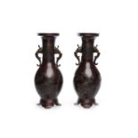 PAIR OF JAPANESE TWO HANDLED BRONZE VASES with cast animal handles,