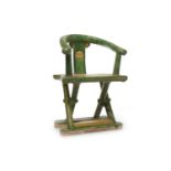 20TH CENTURY CHINESE SANCAI STYLE MODEL OF A CHAIR in green and yellow, with unglazed areas,