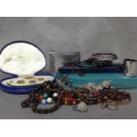 GROUP OF COSTUME JEWELLERY AND WATCHES along with a silver ink well