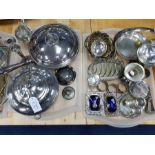 LARGE LOT OF SILVER PLATED OBJECTS including an Arts & Crafts comport, silver candlestick,
