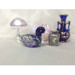 COLLECTION OF COLOURED AND OTHER GLASSWARE including pair of Thomas Webb candlesticks,